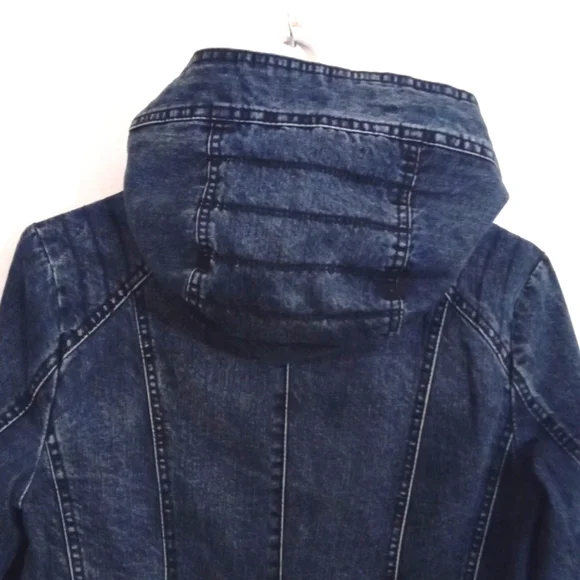 Oxygen Women's Hooded Long Moto Lined Denim Zip Up Jacket Pockets Small - Picture 10 of 14